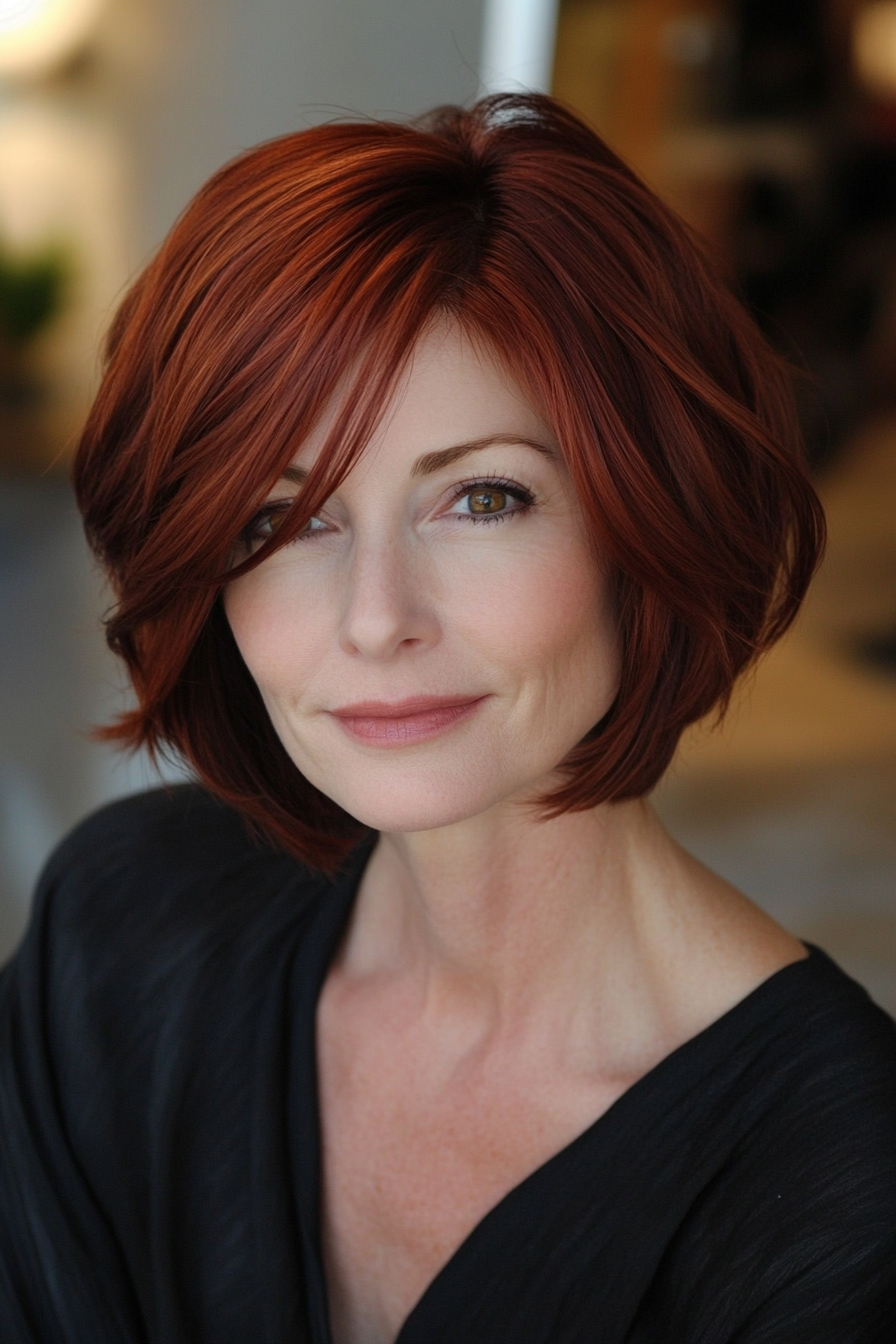 14. Softly Layered Bob with Side Bangs - Dark Red (Short Bob Hairstyles For Women Over 50) - Short Bob Hairstyles For Women Over 50