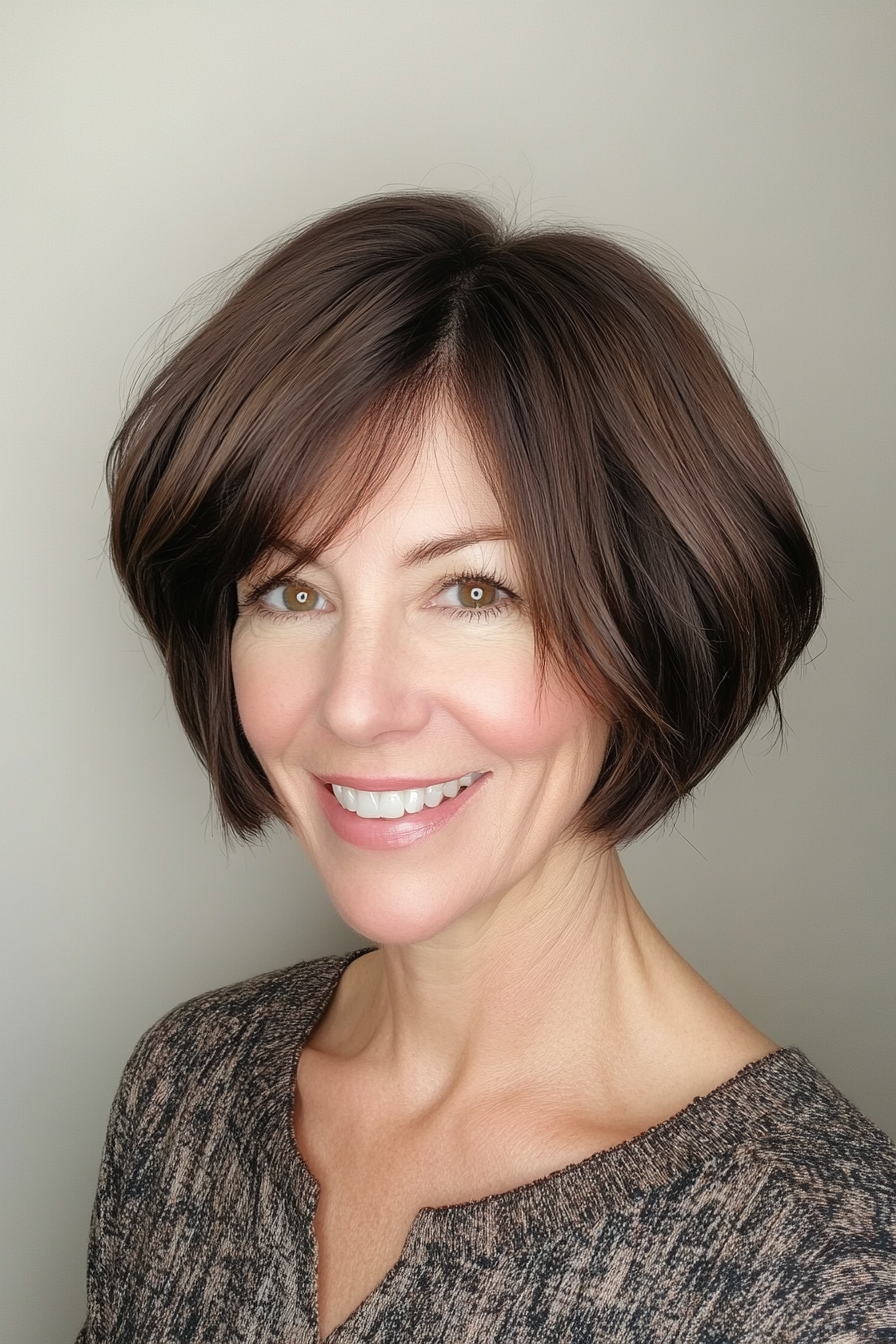 17. Graduated Bob with Full Fringe - Dark Brown (Short Bob Hairstyles For Women Over 50) - Short Bob Hairstyles For Women Over 50
