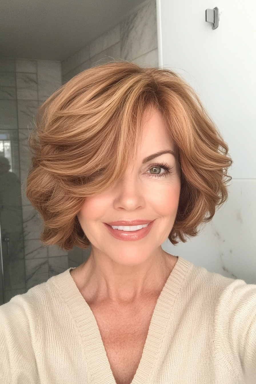 18. Layered Bob with Swooping Curls - Light Auburn (Short Bob Hairstyles For Women Over 50) - Short Bob Hairstyles For Women Over 50