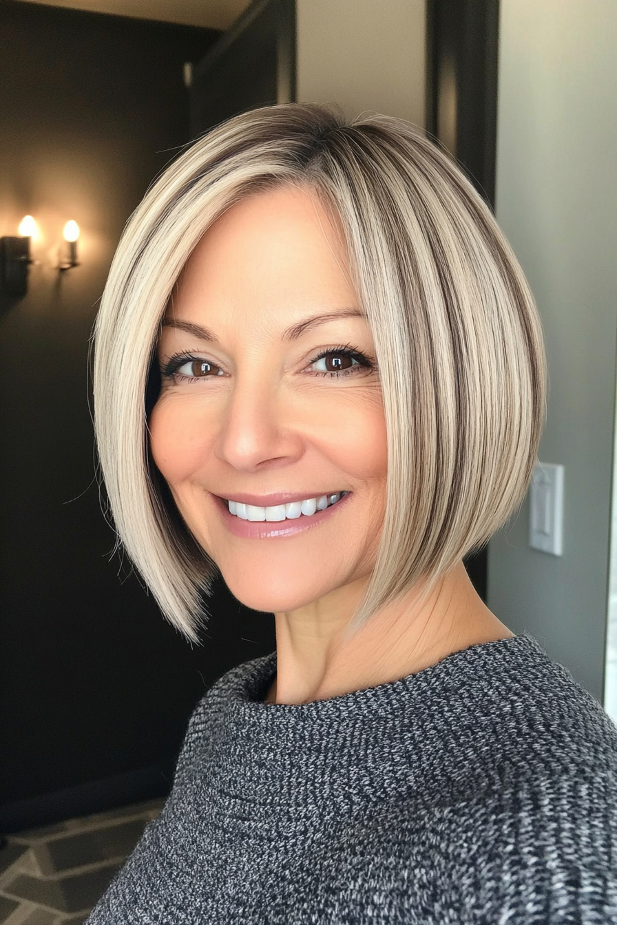 23. Sleek Bob with Sharp Angles - Dark Blonde (Short Bob Hairstyles For Women Over 50) - Short Bob Hairstyles For Women Over 50