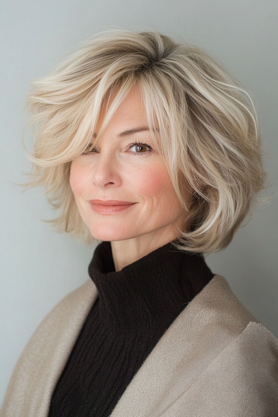 24. Layered Bob with Soft Waves - Sandy Blonde (Short Bob Hairstyles For Women Over 50) - Short Bob Hairstyles For Women Over 50