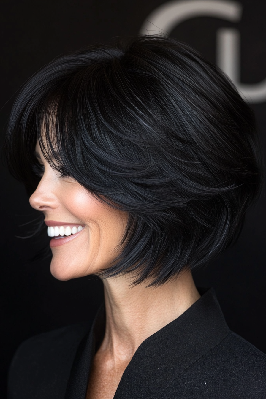 25. Bob with Voluminous Layers - Dark Black (Short Bob Hairstyles For Women Over 50) - Short Bob Hairstyles For Women Over 50