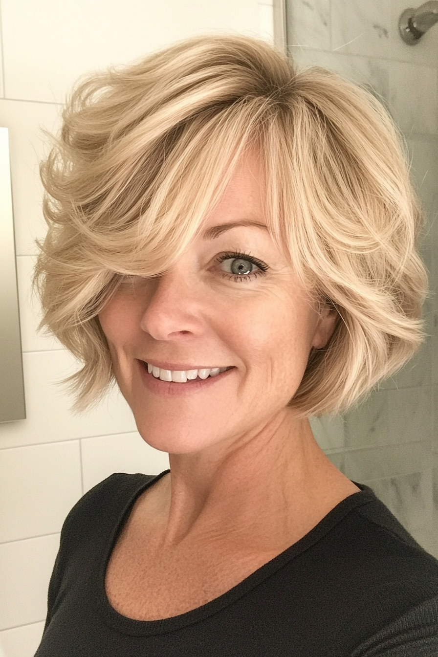 26. Short Bob with Side-Parted Curls - Medium Blonde (Short Bob Hairstyles For Women Over 50) - Short Bob Hairstyles For Women Over 50