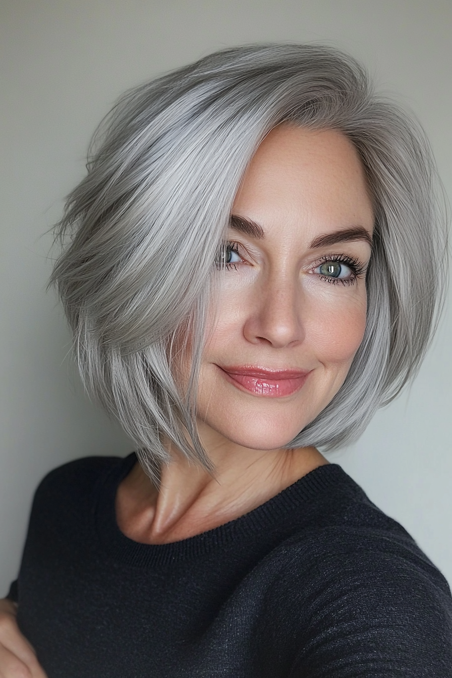 27. Layered Bob with Wispy Ends - Silver Grey (Short Bob Hairstyles For Women Over 50) - Short Bob Hairstyles For Women Over 50
