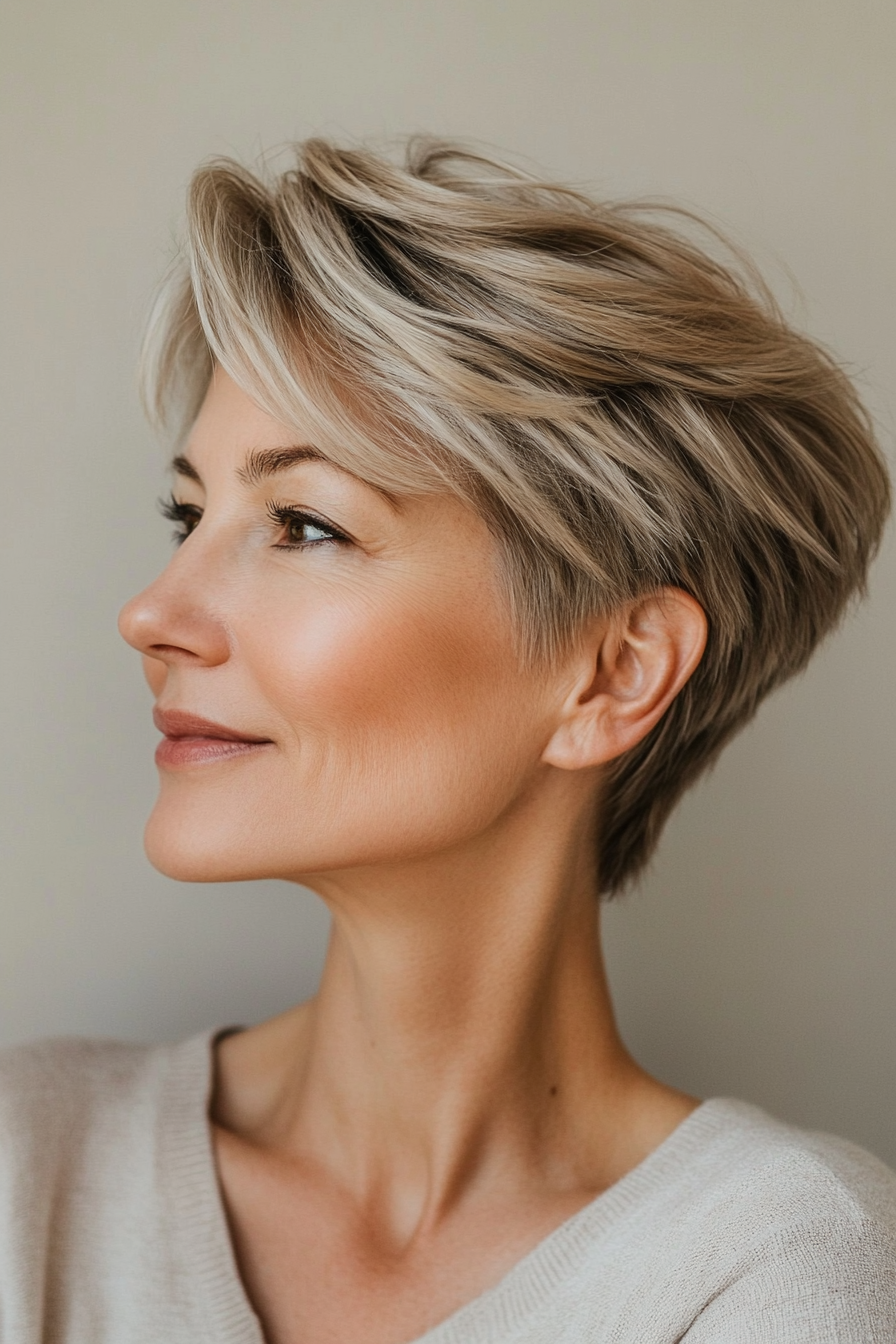 1. Classic Pixie Cut with Warm Blonde Highlights (Short Hairstyles For Older Women With Thick Hair) - Short Hairstyles For Older Women With Thick Hair