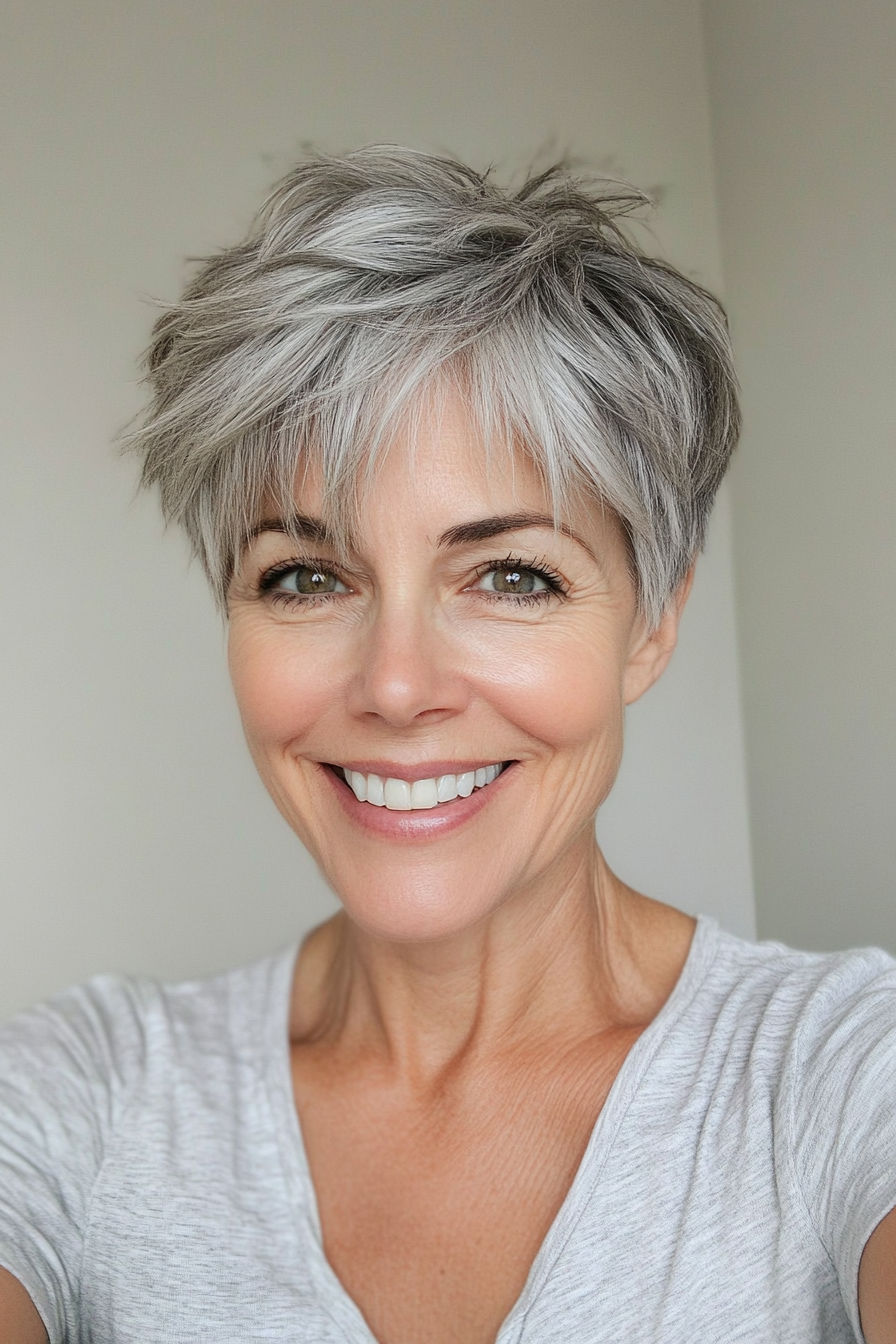 3. Layered Crop with Natural Gray (Short Hairstyles For Older Women With Thick Hair) - Short Hairstyles For Older Women With Thick Hair