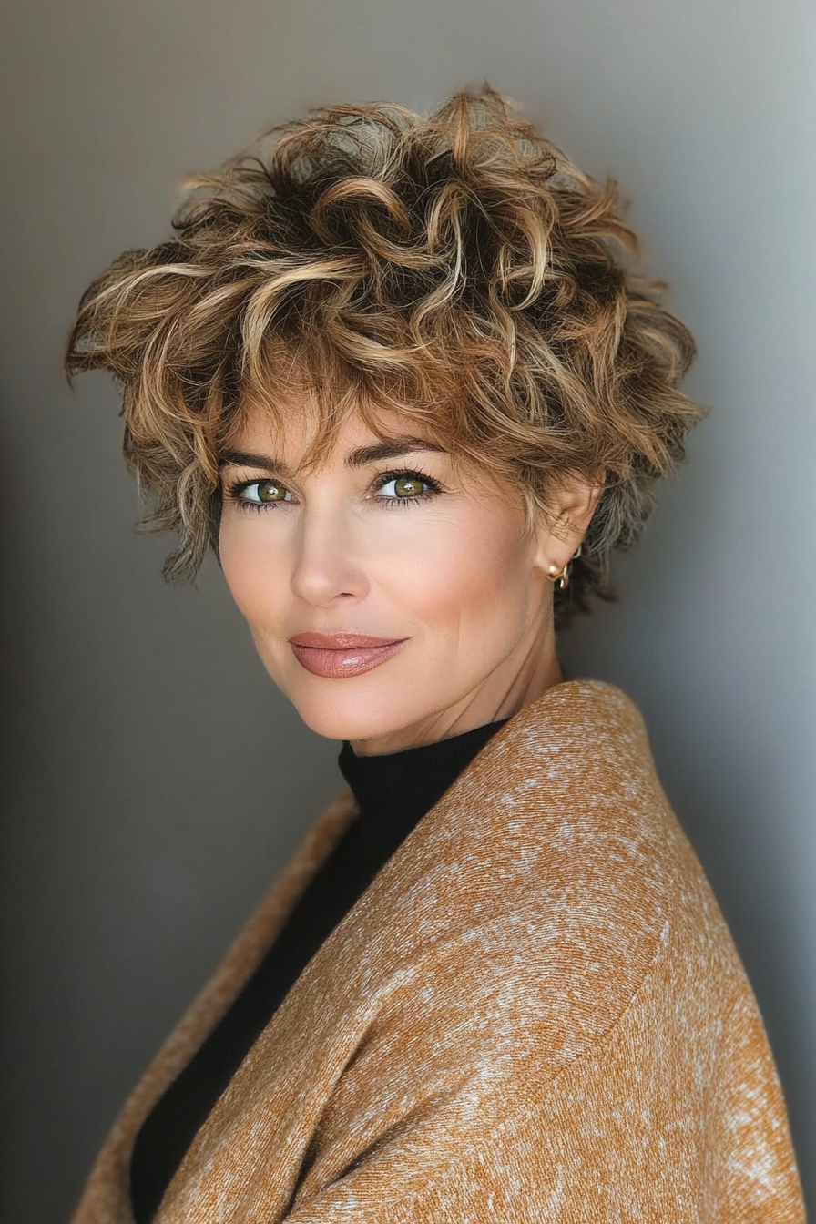 7. Curly Pixie with Caramel Balayage (Short Hairstyles For Older Women With Thick Hair) - Short Hairstyles For Older Women With Thick Hair