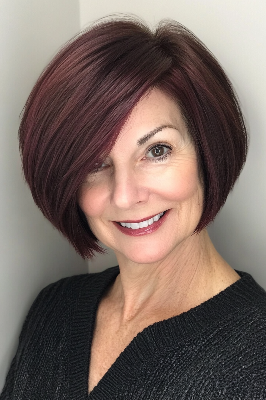 8. Asymmetrical Bob with Deep Burgundy (Short Hairstyles For Older Women With Thick Hair) - Short Hairstyles For Older Women With Thick Hair