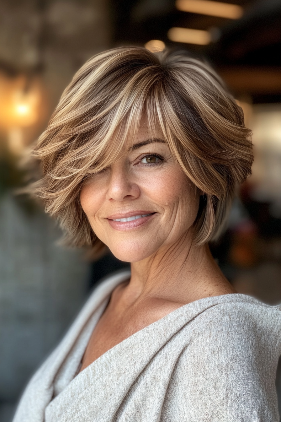 9. Stacked Bob with Soft Brown and Blonde Blend (Short Hairstyles For Older Women With Thick Hair) - Short Hairstyles For Older Women With Thick Hair