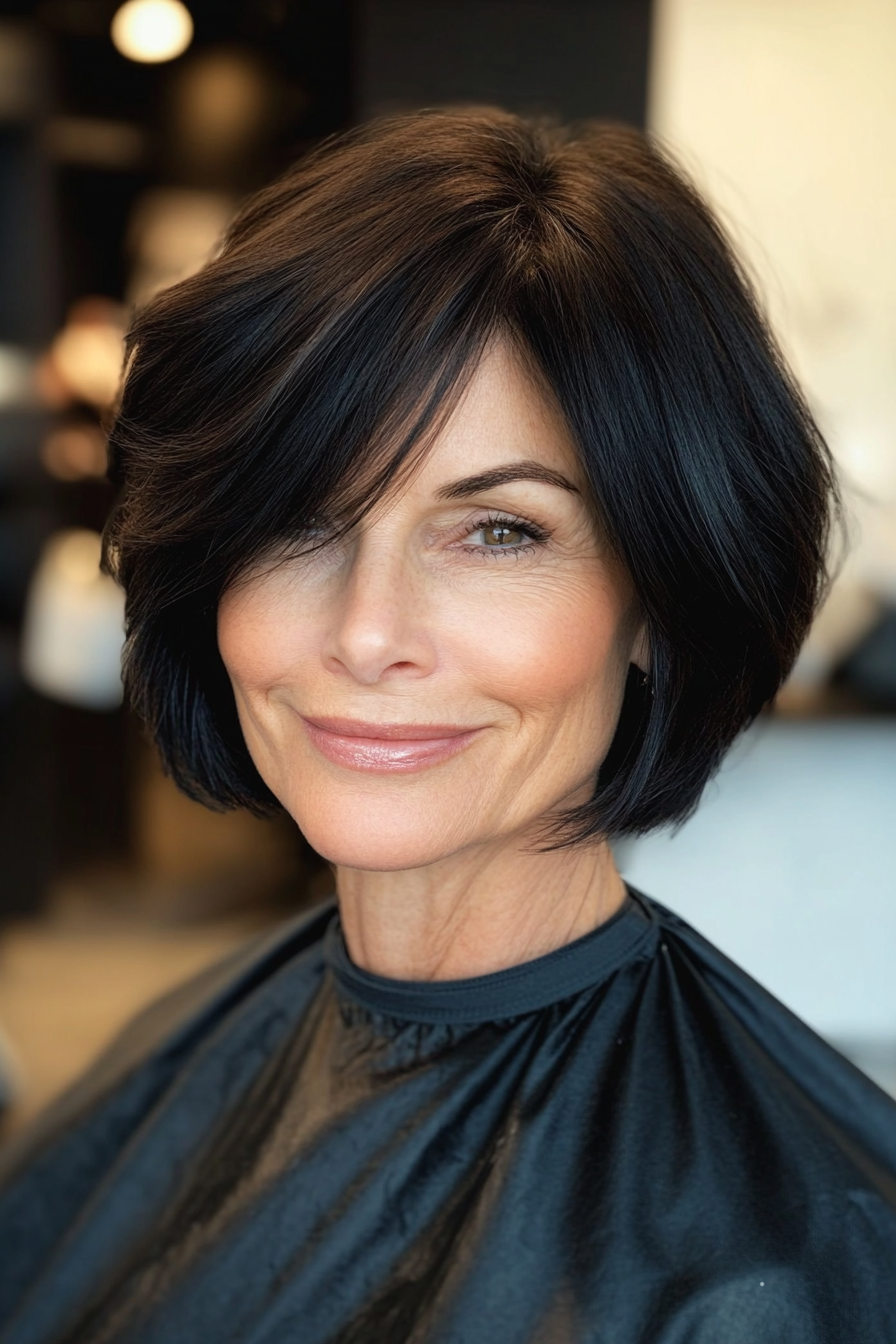 10. Bob with Side-Swept Bangs and Natural Black (Short Hairstyles For Older Women With Thick Hair) - Short Hairstyles For Older Women With Thick Hair