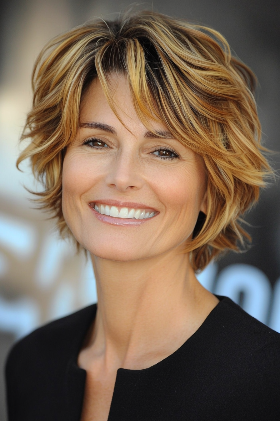 12. Short Layered Cut with Golden Blonde Highlights (Short Hairstyles For Older Women With Thick Hair) - Short Hairstyles For Older Women With Thick Hair