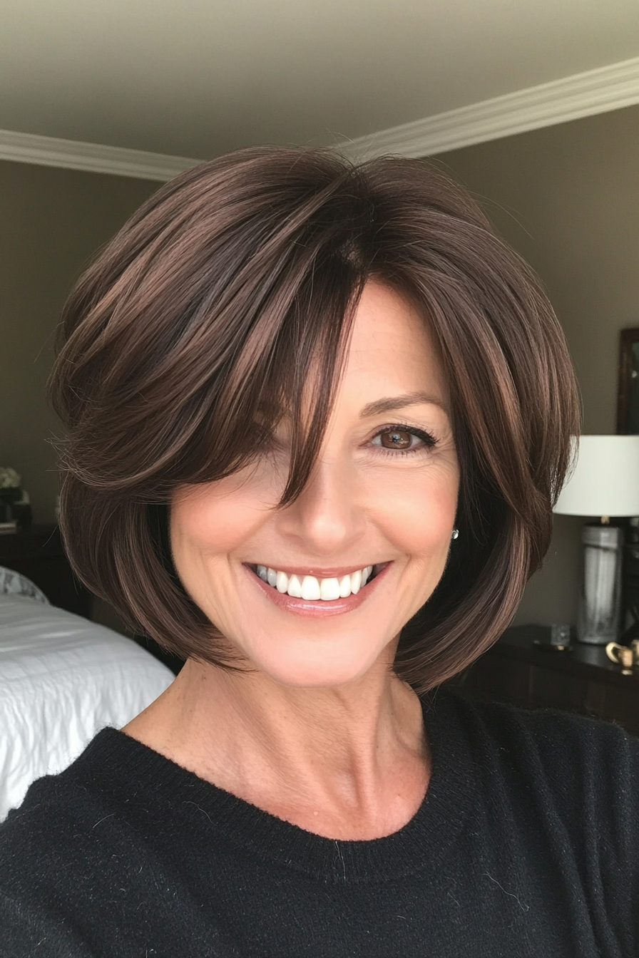 13. Bob with Feathered Layers and Chocolate Brown (Short Hairstyles For Older Women With Thick Hair) - Short Hairstyles For Older Women With Thick Hair