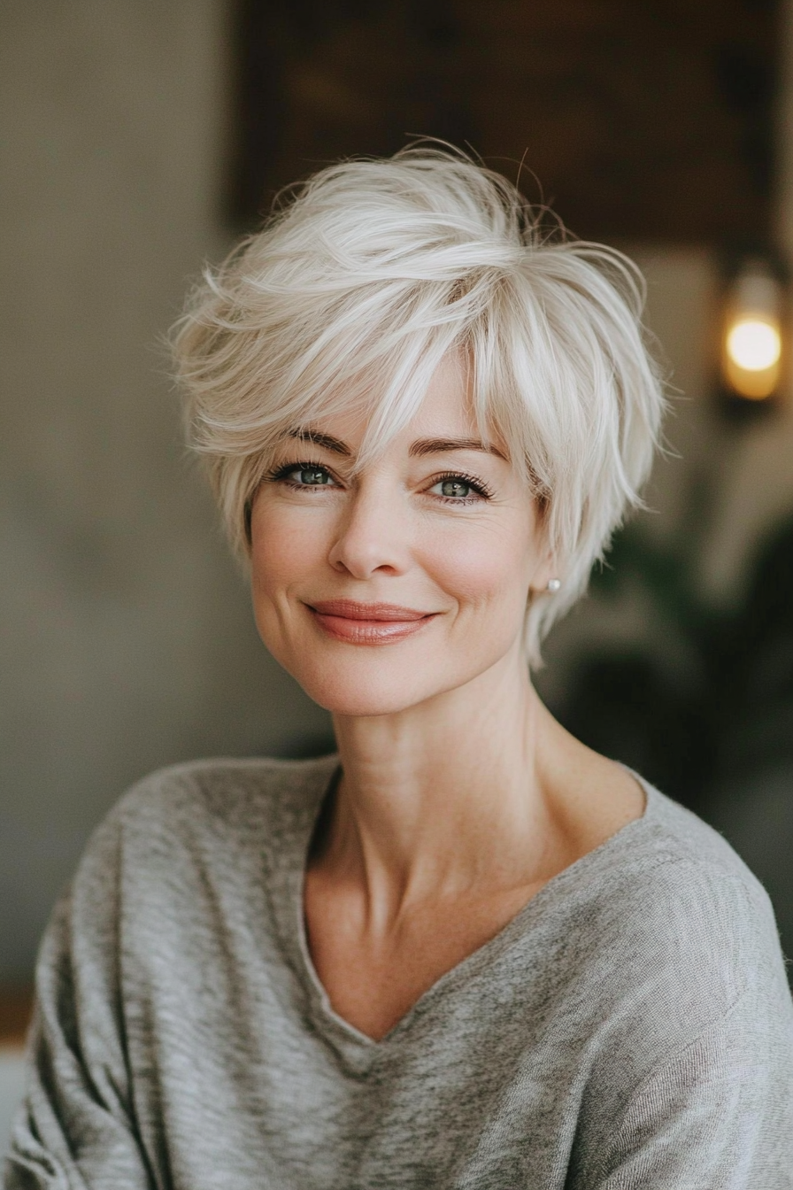 14. Choppy Pixie with Platinum Blonde (Short Hairstyles For Older Women With Thick Hair) - Short Hairstyles For Older Women With Thick Hair