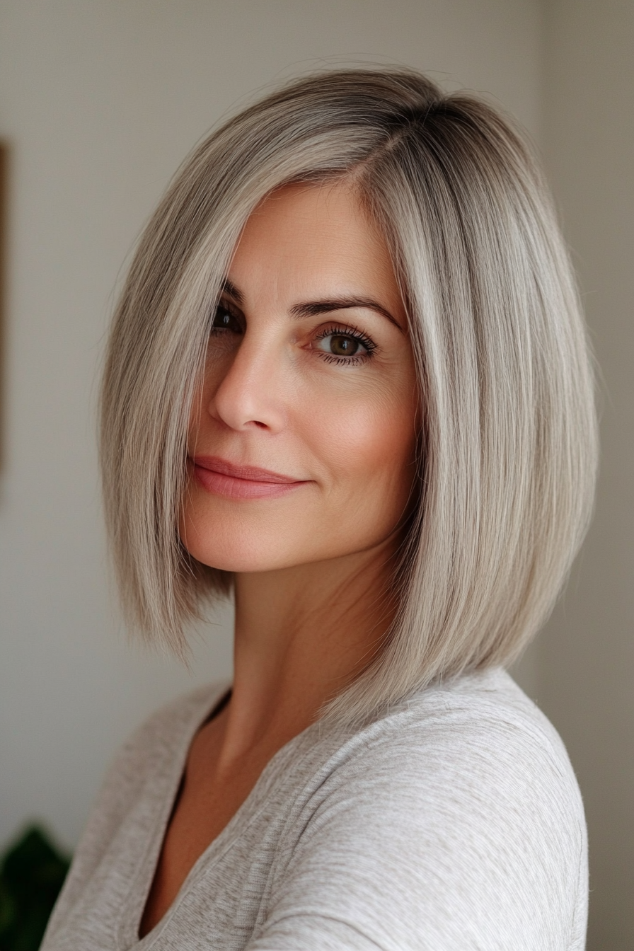 15. Blunt Lob with Natural Ash Brown (Short Hairstyles For Older Women With Thick Hair) - Short Hairstyles For Older Women With Thick Hair