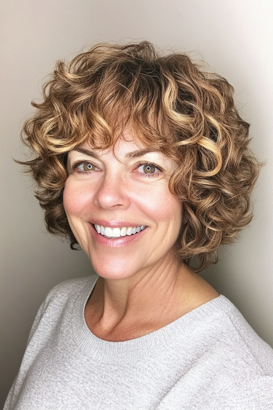 17. Curly Bob with Golden Honey Highlights (Short Hairstyles For Older Women With Thick Hair) - Short Hairstyles For Older Women With Thick Hair