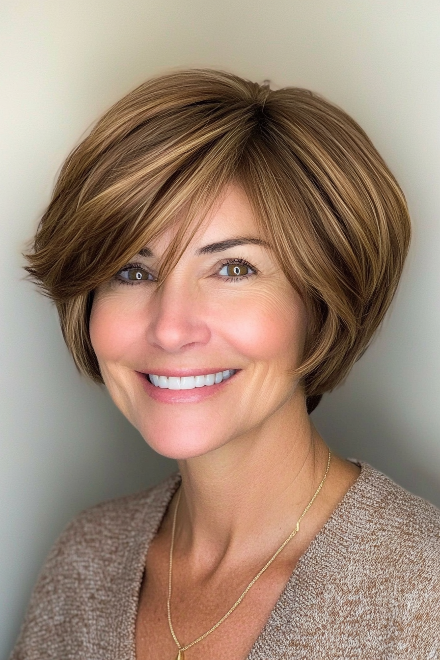 18. Soft, Layered Bowl Cut with Caramel Tones (Short Hairstyles For Older Women With Thick Hair) - Short Hairstyles For Older Women With Thick Hair