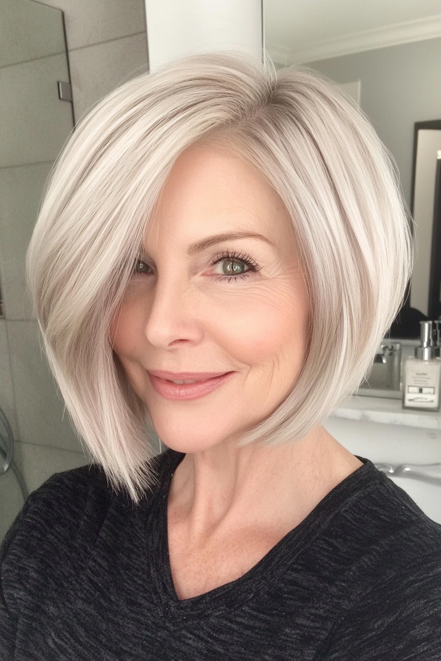 24. Stacked Lob with Cool Platinum (Short Hairstyles For Older Women With Thick Hair) - Short Hairstyles For Older Women With Thick Hair