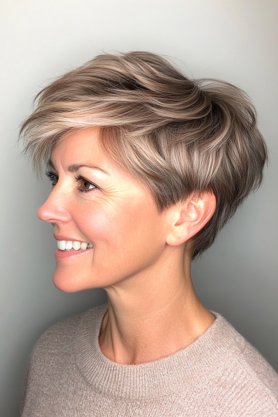 27. Feathered Pixie with Soft Caramel Highlights (Short Hairstyles For Older Women With Thick Hair) - Short Hairstyles For Older Women With Thick Hair