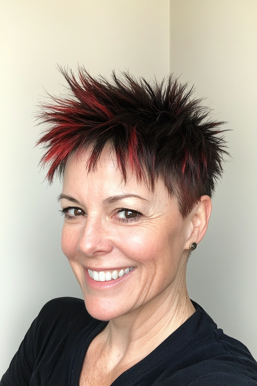 23. Spiked Pixie with Dark Red Highlights (Short Spiky Haircuts For Older Women) - Short Spiky Haircuts For Older Women