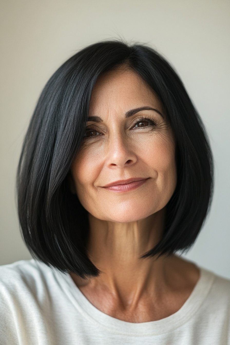 7. Rounded Wedge with Side Part in Natural Black (Wedge Haircuts For Older Women) - Wedge Haircuts For Older Women