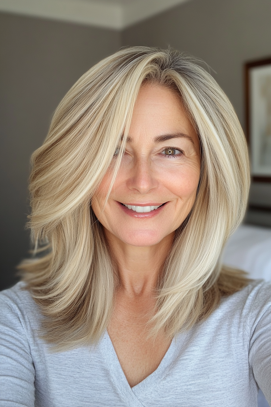 20. Modern Wedge with Side Part in Warm Blonde (Wedge Haircuts For Older Women) - Wedge Haircuts For Older Women