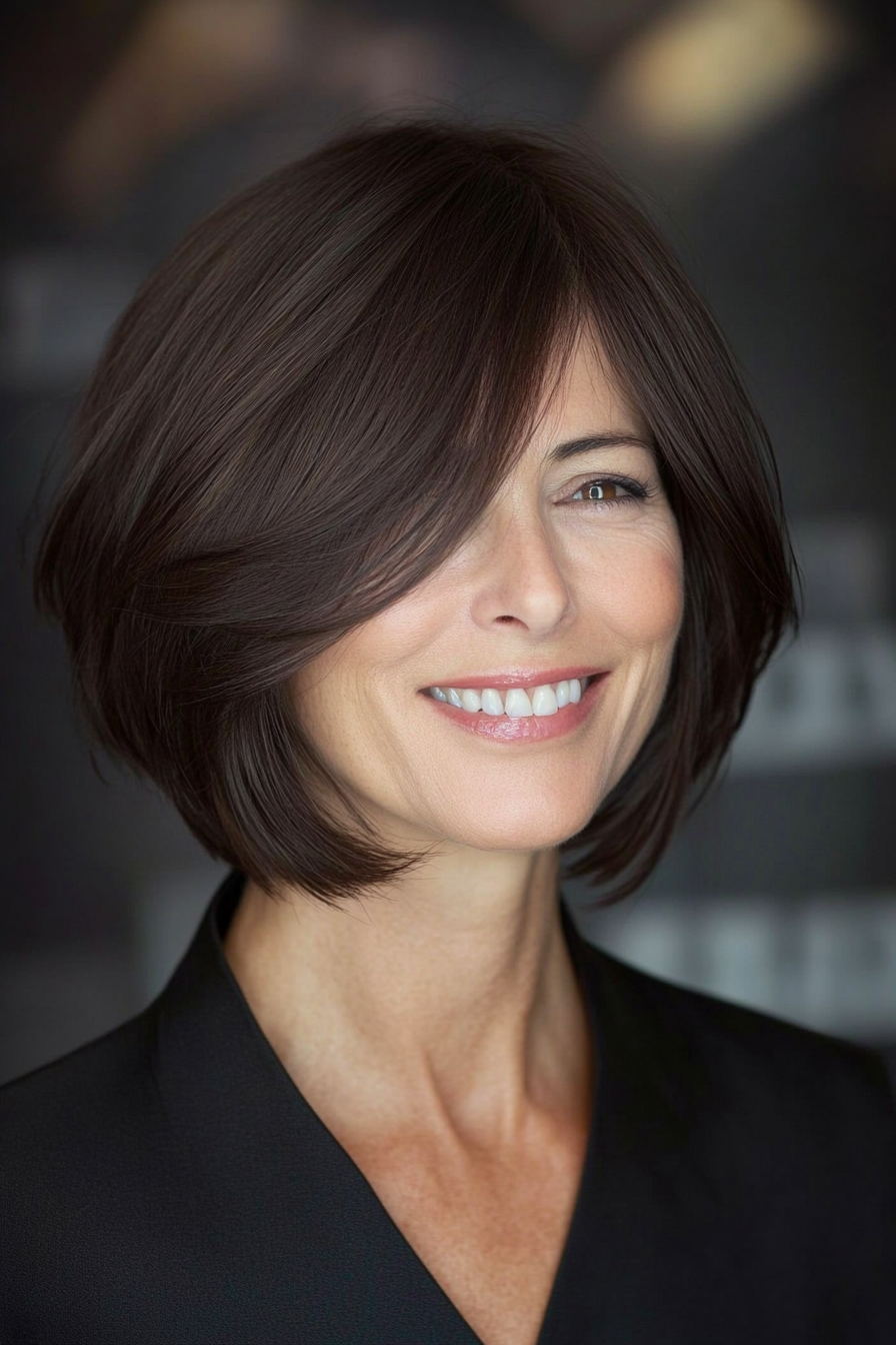 22. Sleek Wedge with Side-Swept Bangs in Dark Brown (Wedge Haircuts For Older Women) - Wedge Haircuts For Older Women