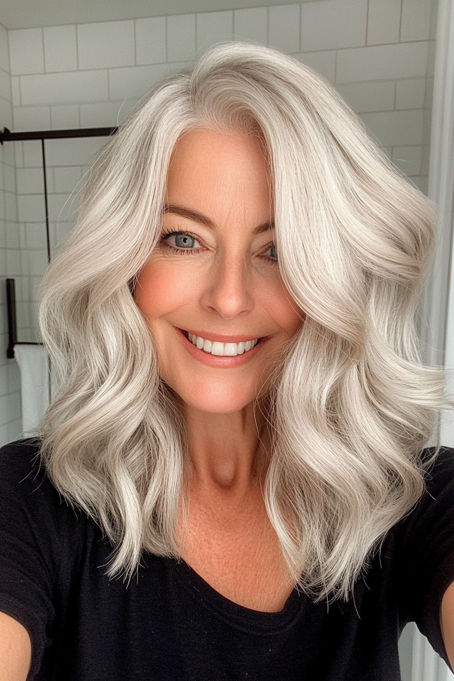 25. Wavy Wedge with Defined Layers in Silver Blonde (Wedge Haircuts For Older Women) - Wedge Haircuts For Older Women